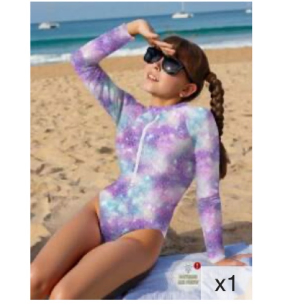 SHEIN Kids Galaxy Print Swim Rashguard - Purple and Blue